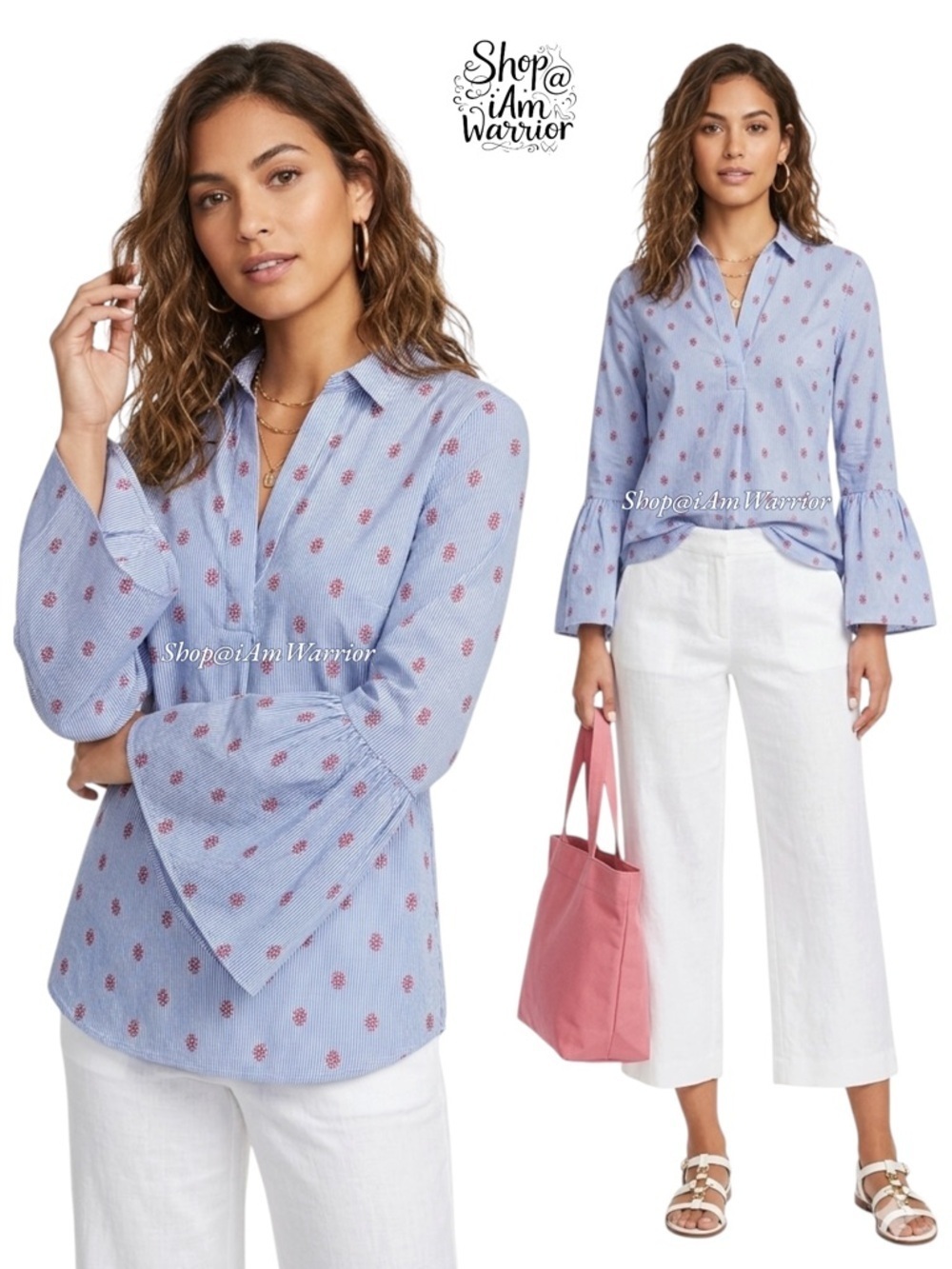Kenar embroidered striped bell sleeve popover shirt *shop@iamwarrior